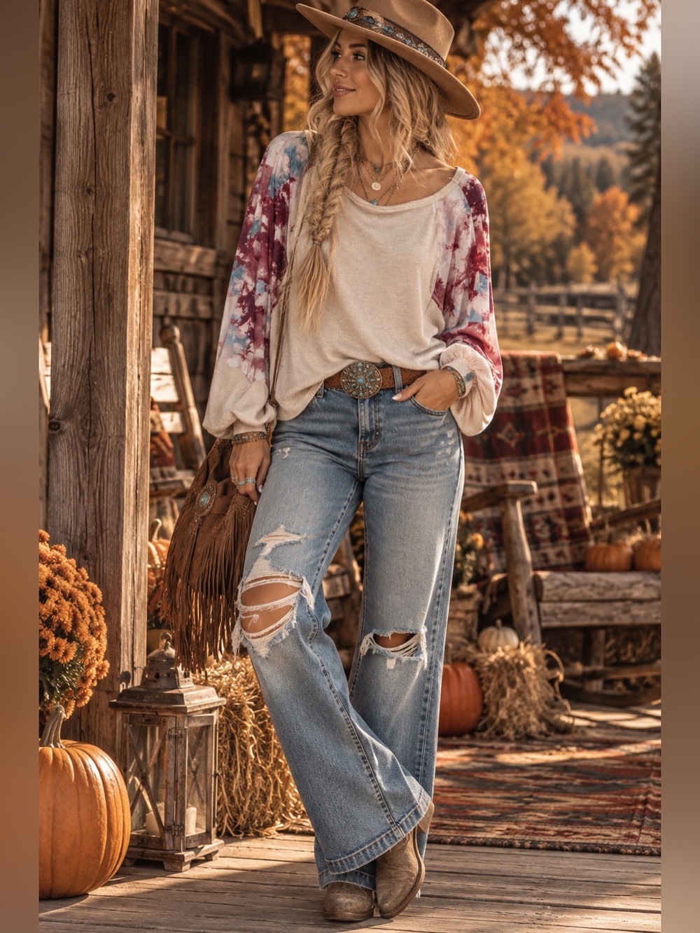 Hailey & Co. Waffle Knit Top Floral Contrast Sleeve $56 MSRP